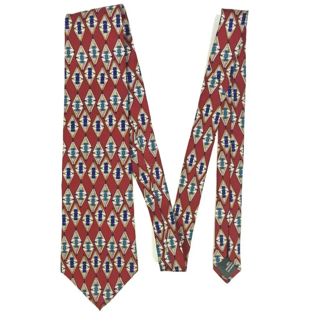 Christian Dior Men's Traditional Red Blue White Argyle‎ Geometric Silk Neck Tie